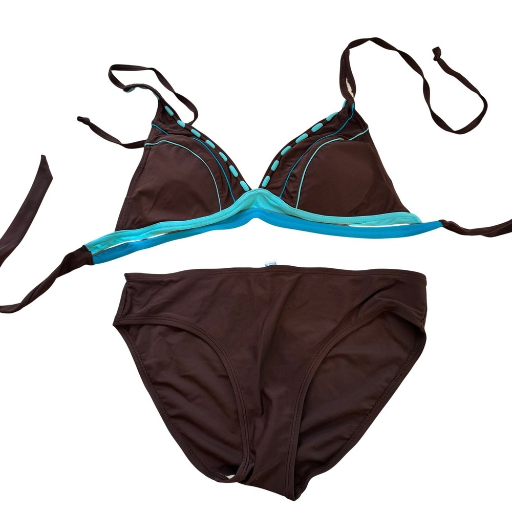 Christina 2 Pc Bikini Chocolate Brown Sz M Blue Contrast Trim Coconut Girl Beach
